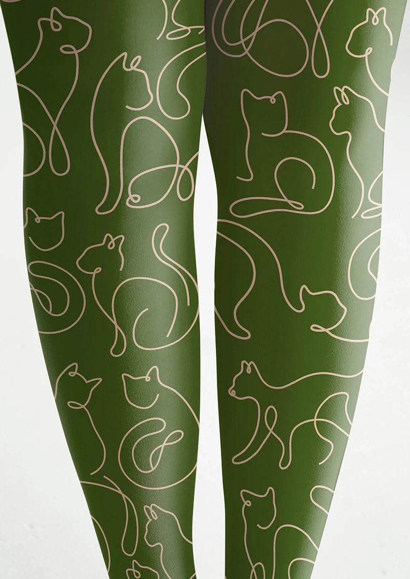 Women Cute Cat Line Drawing Graphic Print Tights Pantyhose