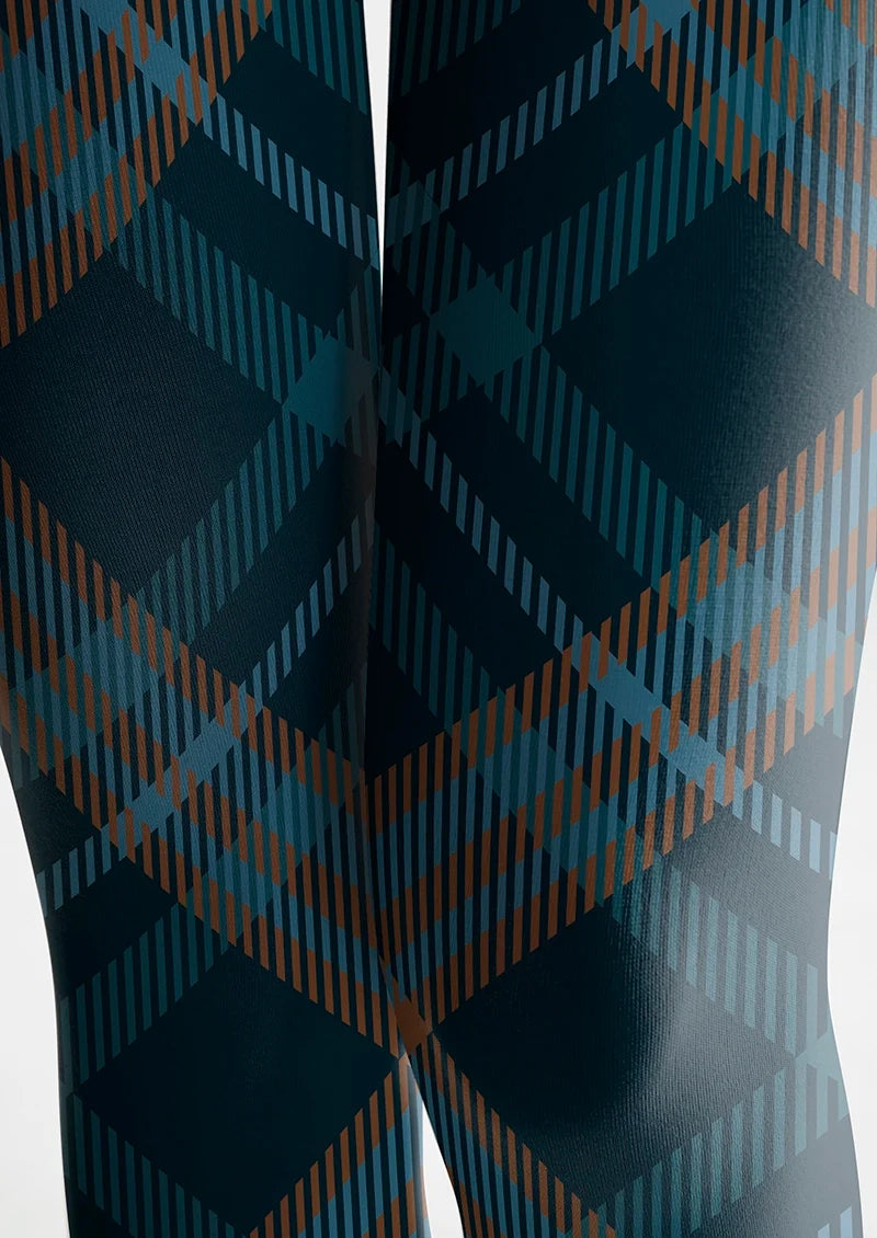 Women Deep Blue Check Plaid Printed Tights Hosiery Pantyhose
