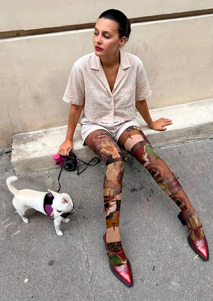 Women Echoes Of Time Pattern Print Tights Hosiery Pantyhose