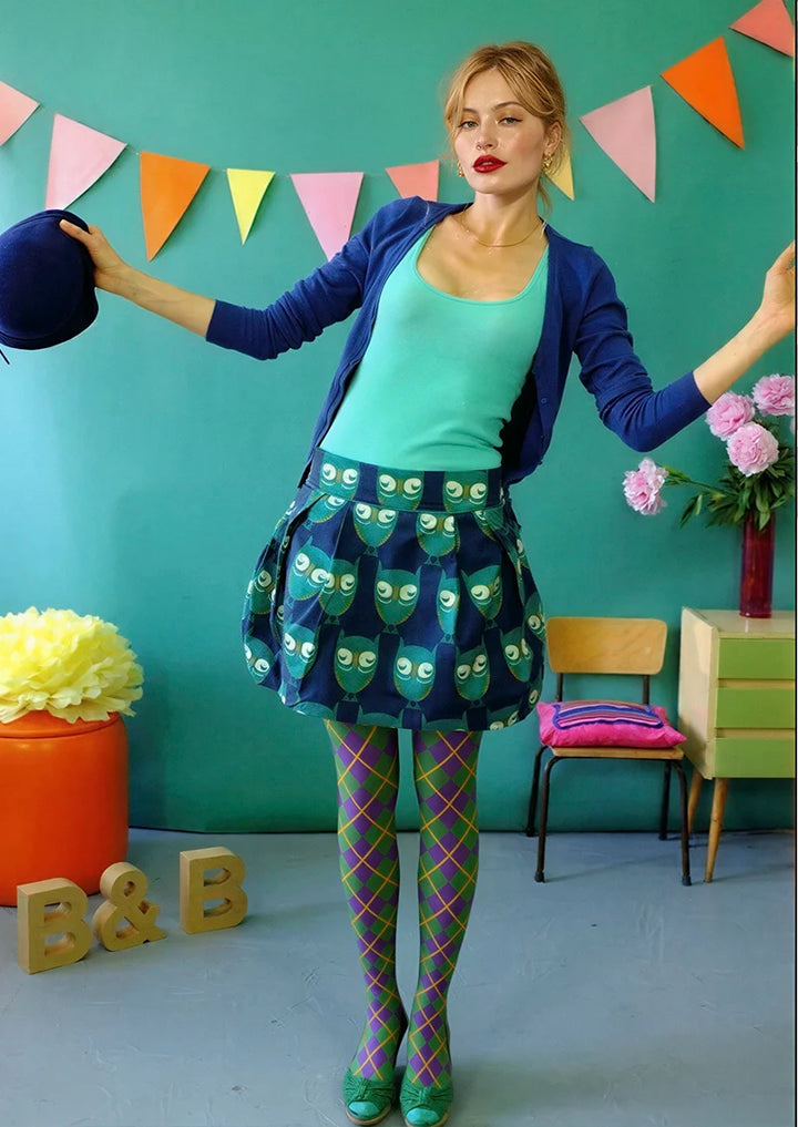 Women Green Purple Checkered Printed Tights Hosiery Pantyhose