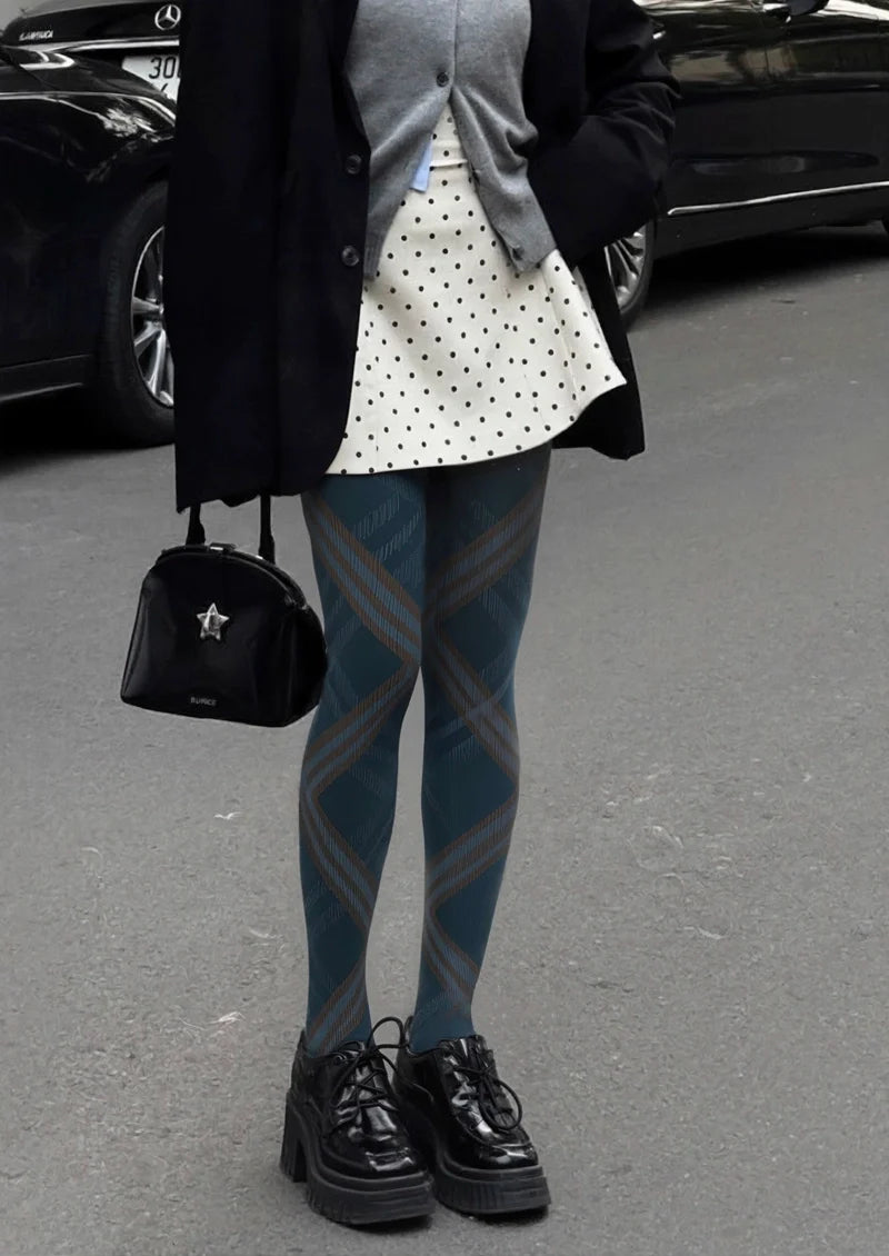 Women Deep Blue Check Plaid Printed Tights Hosiery Pantyhose