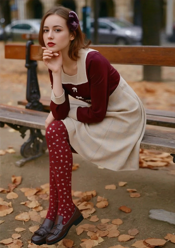Women Red Dainty Florals Print Tights and Hosiery Pantyhose