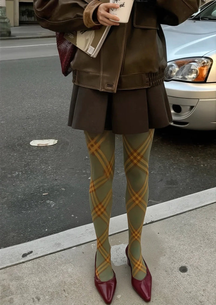 Olive green Maillard Check Tights Hosiery Pantyhose
