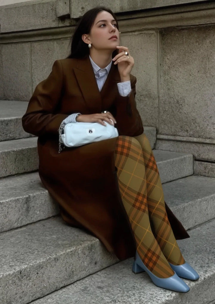 Women Olive Green Orange Maillard Check Print Tights Pantyhose