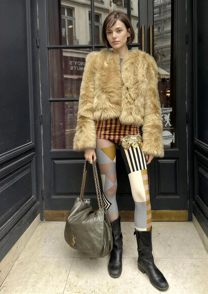 Women Bauhaus Steps Pattern Print Tights Hosiery Pantyhose