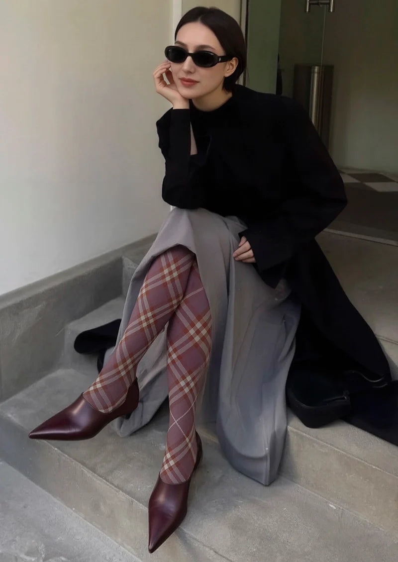 Women Dark Purple Maillard Check Tights Hosiery Pantyhose