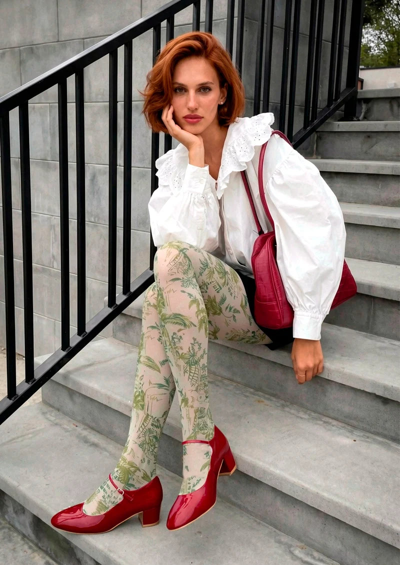 Women Ethereal Bloom Pattern Print Tights Hosiery Pantyhose