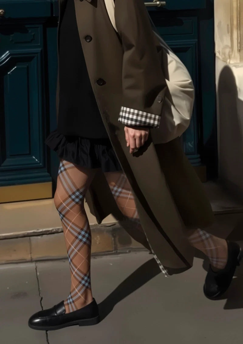Women Brown-blue Maillard Check Print Tights Hosiery Pantyhose