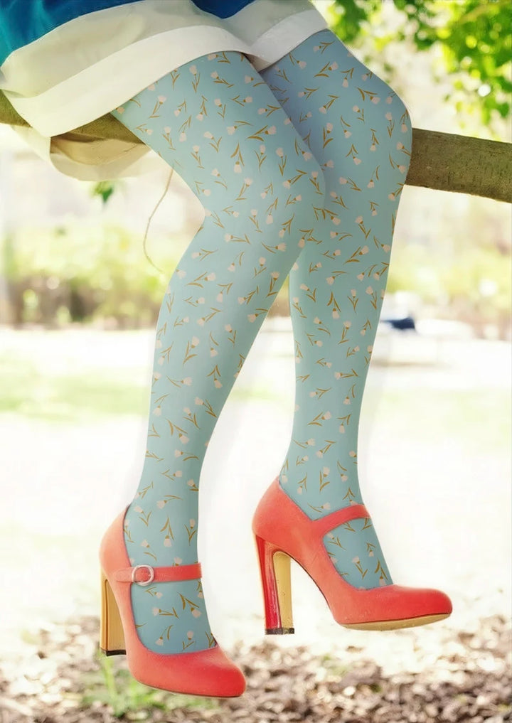 Women Pale Green Dainty Florals Print Tights Hosiery Pantyhose