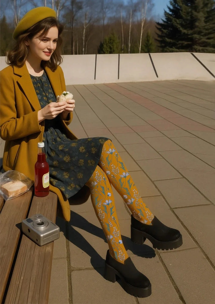 Earth yellow Dainty florals Tights Hosiery Pantyhose