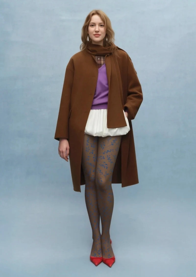 Women Brown-blue Dainty Florals Print Tights Hosiery Pantyhose