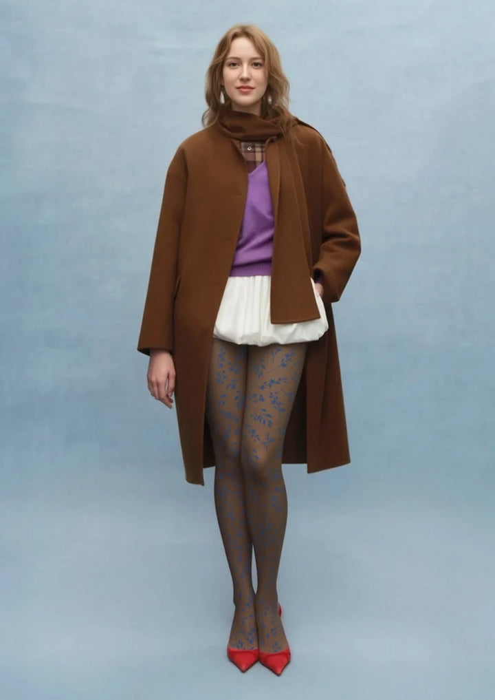 Women Brown-blue Dainty Florals Print Tights Hosiery Pantyhose