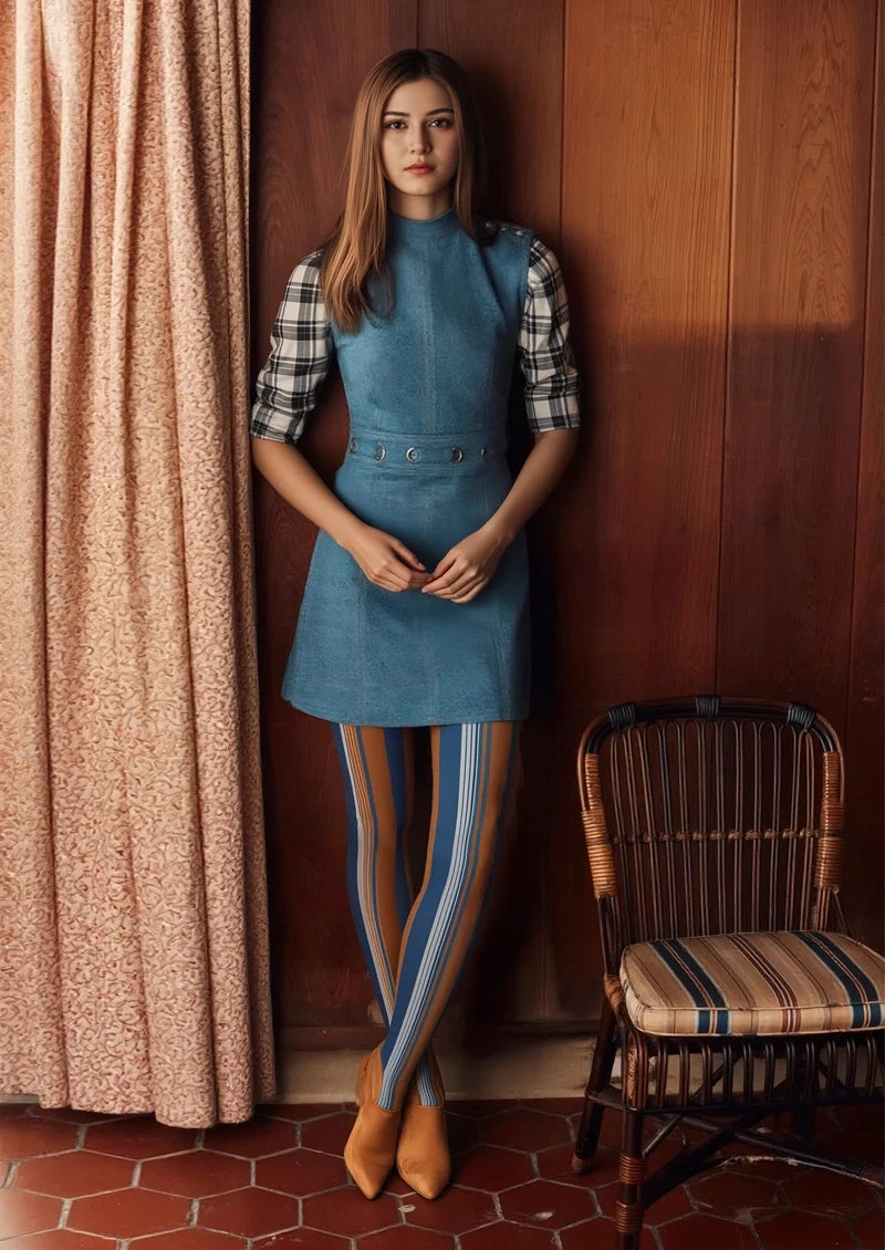 Women Blue-orange Stripes Patterned Tights Hosiery Pantyhose