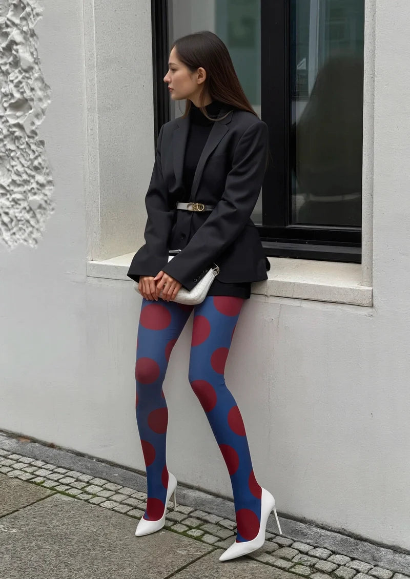 Women Navy Blue Deep Red Morandi Polka Dots Tights Pantyhose