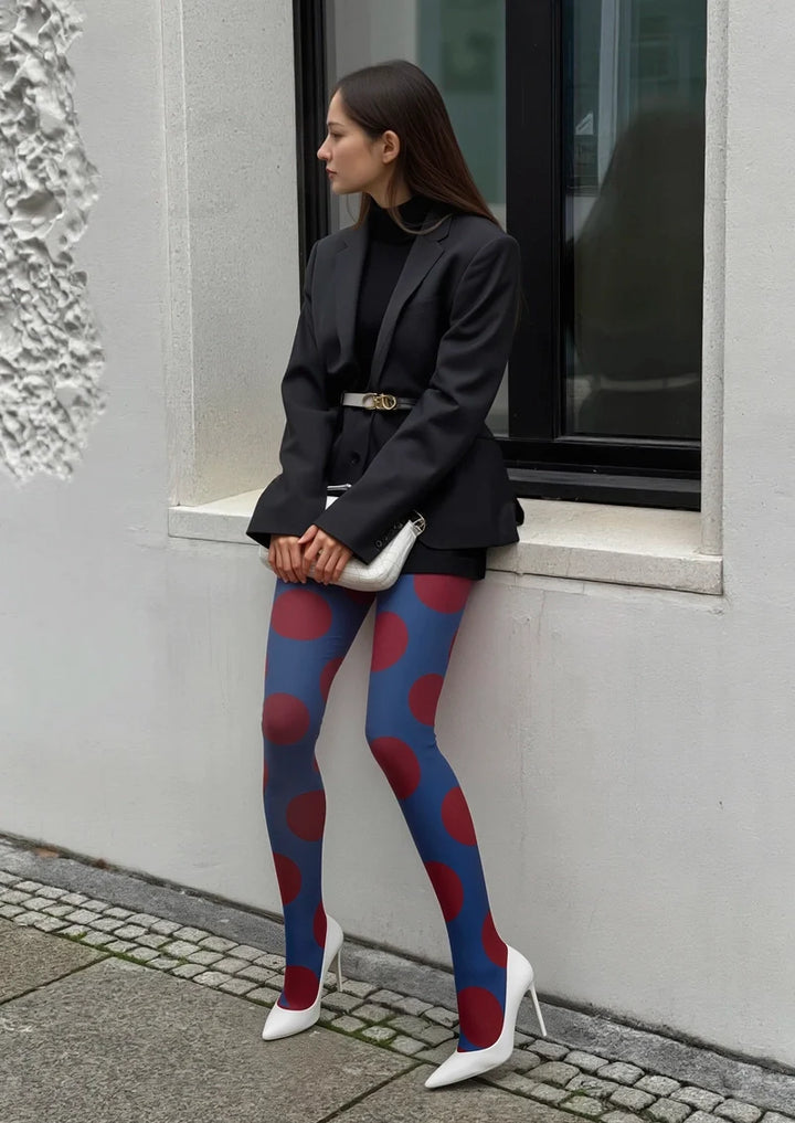 Women Navy Blue Deep Red Morandi Polka Dots Tights Pantyhose