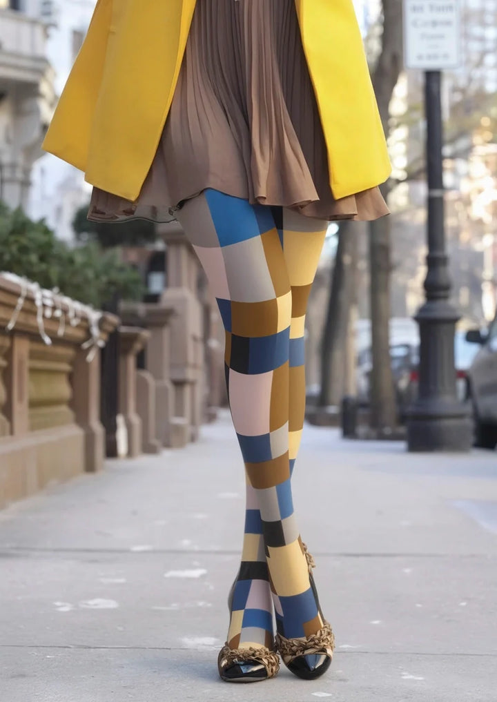 Women Retro Color Block Geometric Tights Hosiery Pantyhose