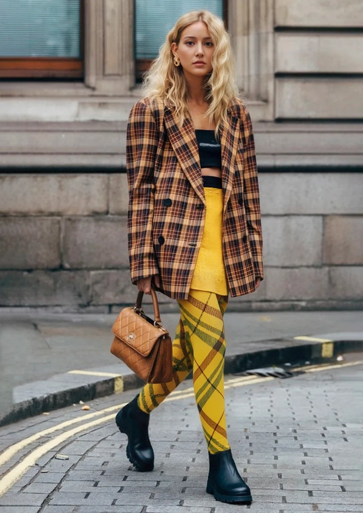 Women Yellow Striped Check Printed Tights Hosiery Pantyhose