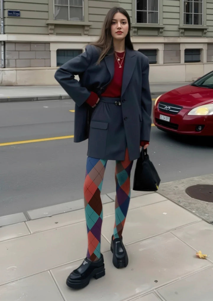 Women Deep Color Plaid Printed Tights and Hosiery Pantyhose