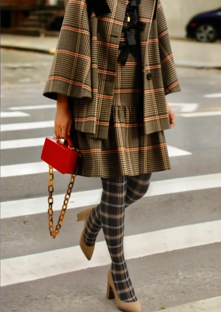 Women Black-brown Stripes Checked Tights Hosiery Pantyhose