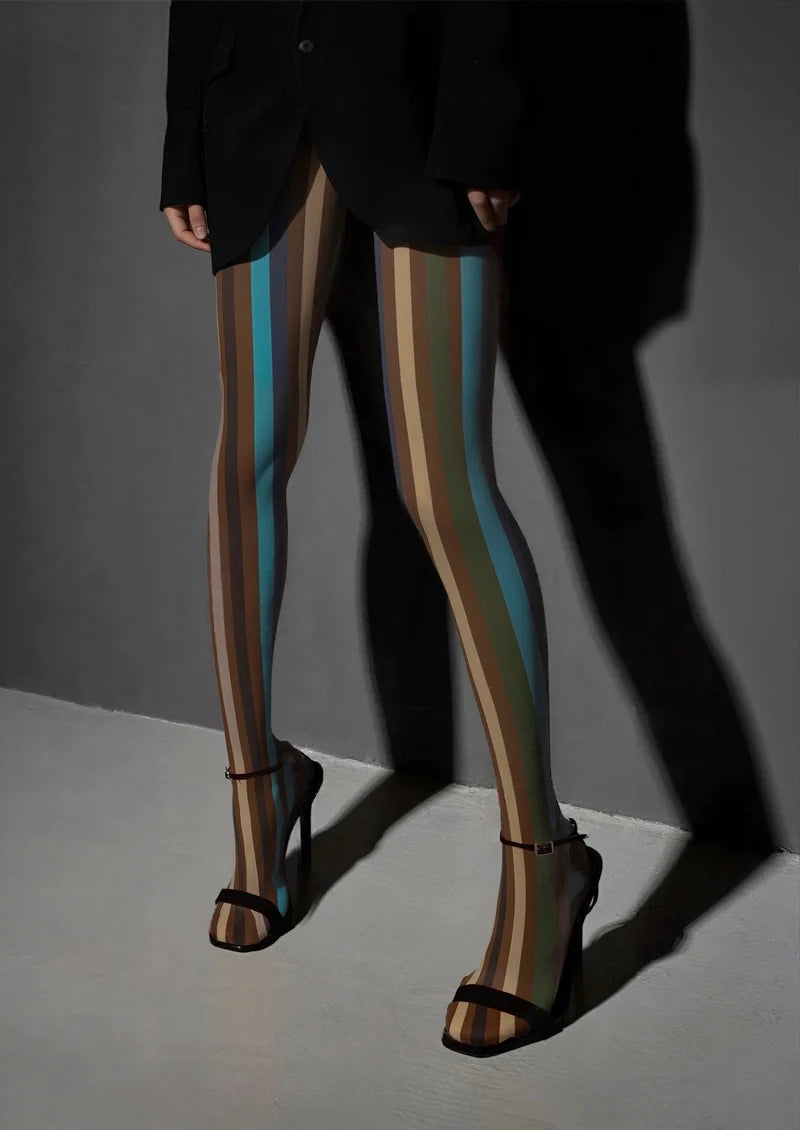 Women Dust Light Stripes Patterned Tights Hosiery Pantyhose
