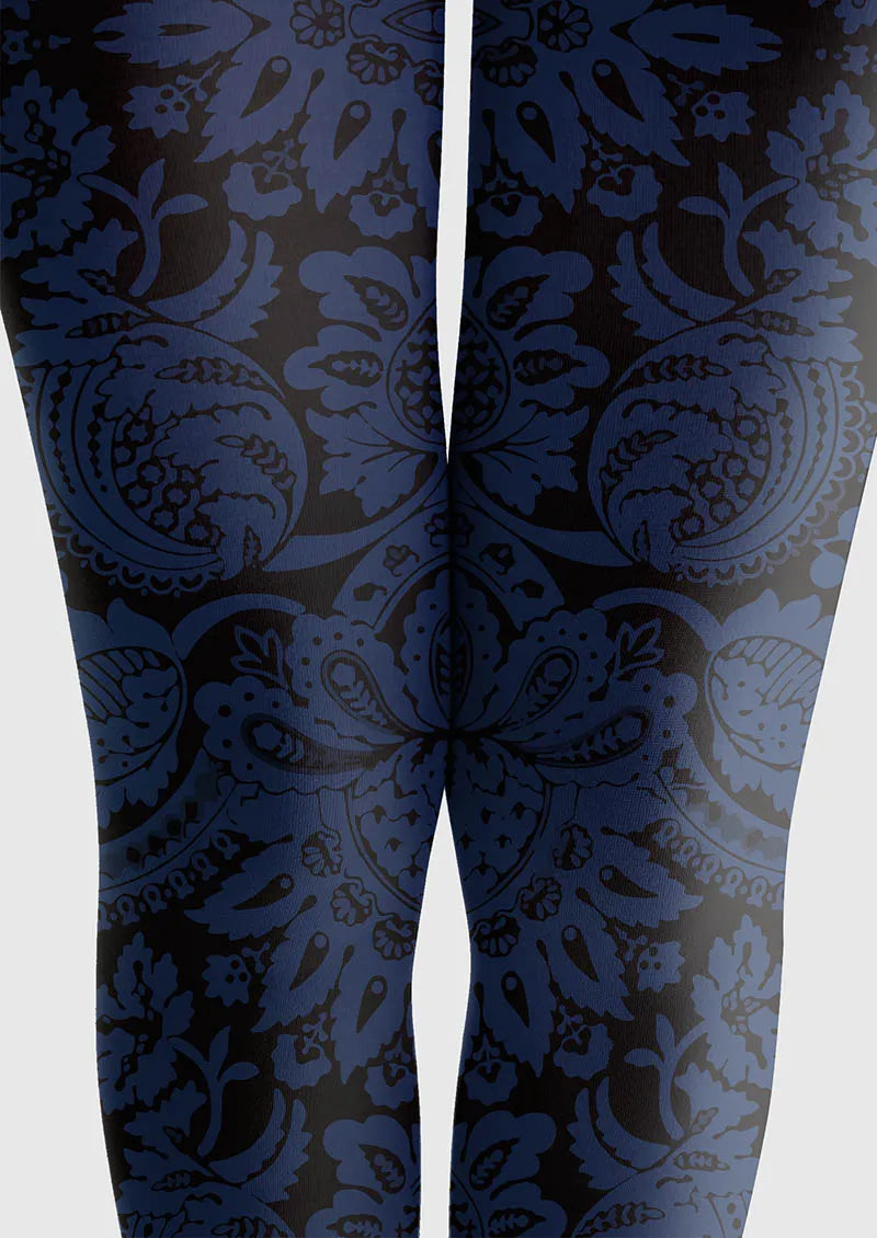 Women Baroque Bloom Vintage Blue Motif Print Tights Pantyhose