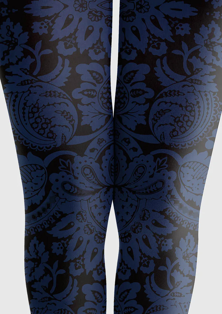 Women Baroque Bloom Vintage Blue Motif Print Tights Pantyhose