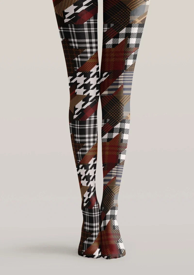 Women Brown Houndstooth Plaid Mix Tights Hosiery Pantyhose