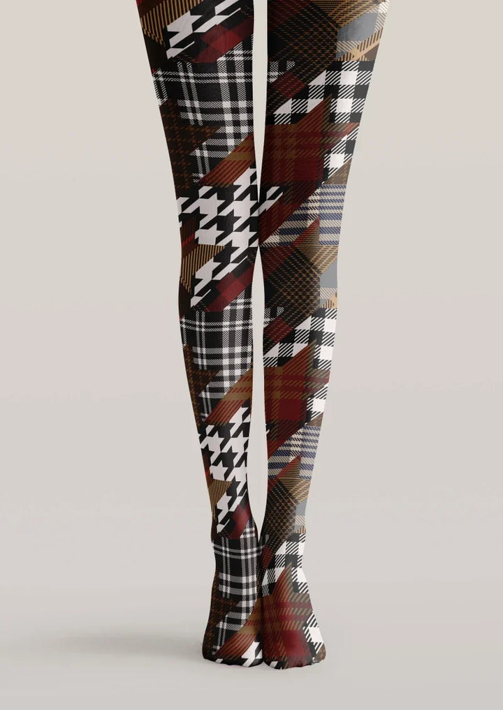 Women Brown Houndstooth Plaid Mix Tights Hosiery Pantyhose