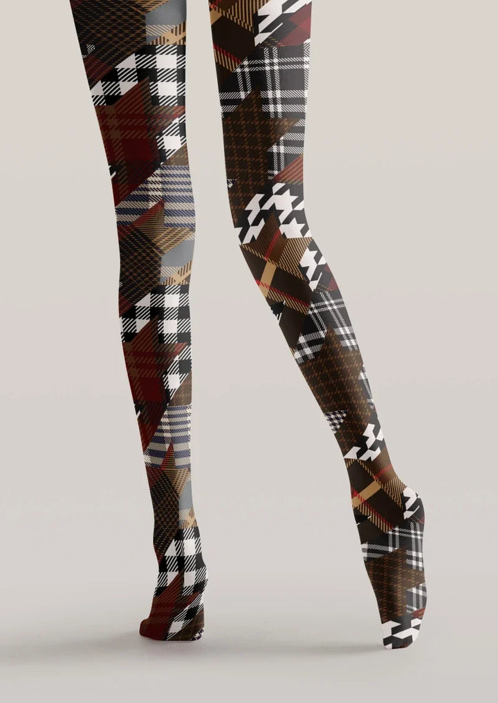 Women Brown Houndstooth Plaid Mix Tights Hosiery Pantyhose