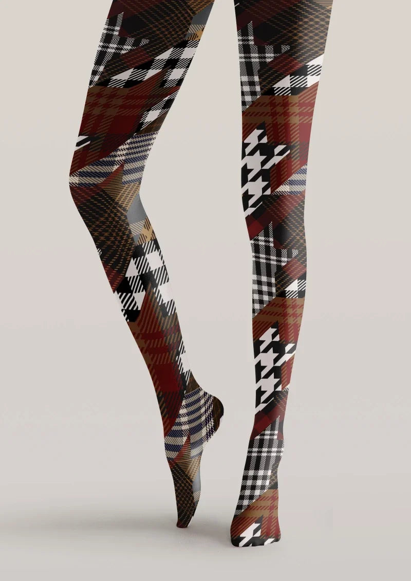 Women Brown Houndstooth Plaid Mix Tights Hosiery Pantyhose