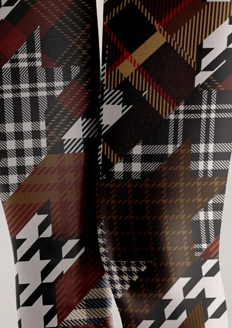 Women Brown Houndstooth Plaid Mix Tights Hosiery Pantyhose