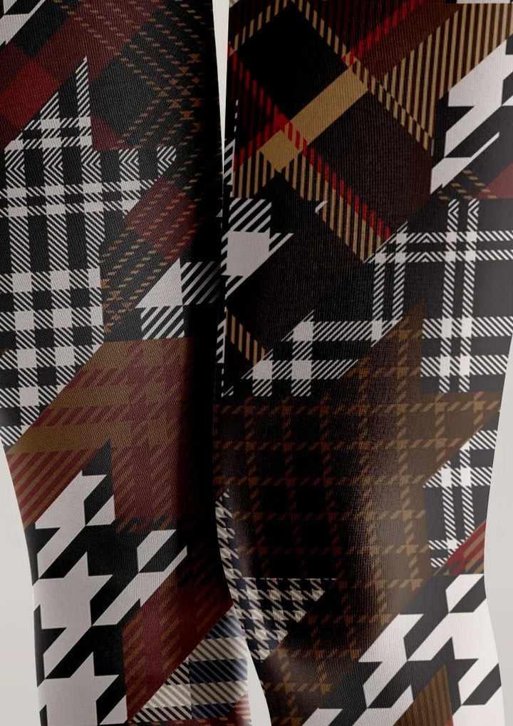 Women Brown Houndstooth Plaid Mix Tights Hosiery Pantyhose