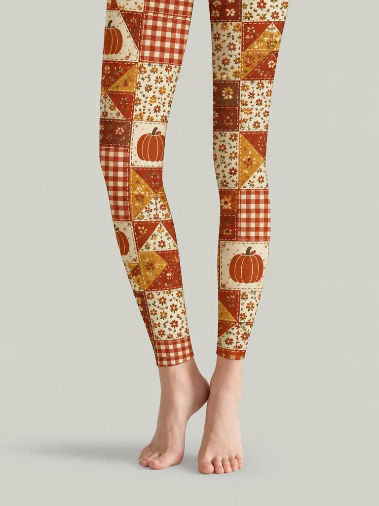 Thanksgiving Women Patchwork Plaid Pumpkin Footless Pantyhose