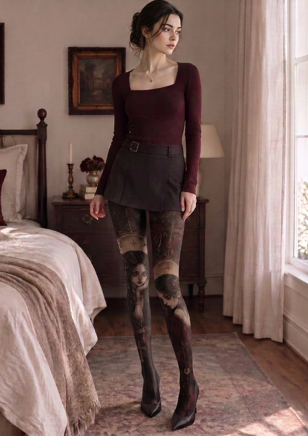 Women Red Rose Maiden Pattern Print Tights Hosiery Pantyhose