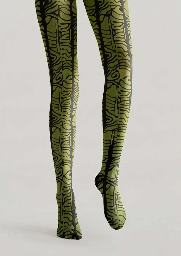 Moss Green Hieroglyphic Line Print Tights Hosiery Pantyhose