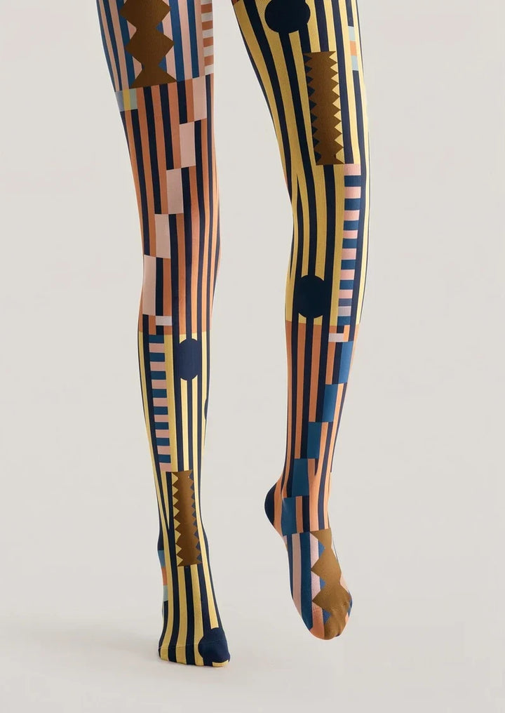 Vintage Orange Blue Mosaic Tights Hosiery Pantyhose