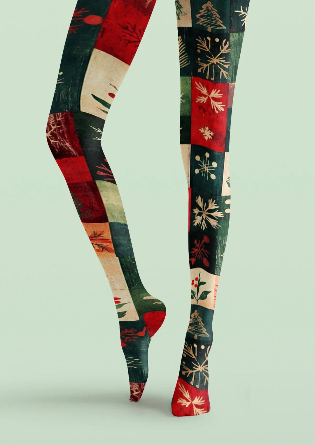 Green Christmas Patchwork Tights Hosiery Pantyhose