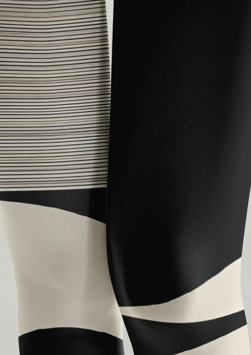 Black White Geometric Print Footless Tights Hosiery Pantyhose