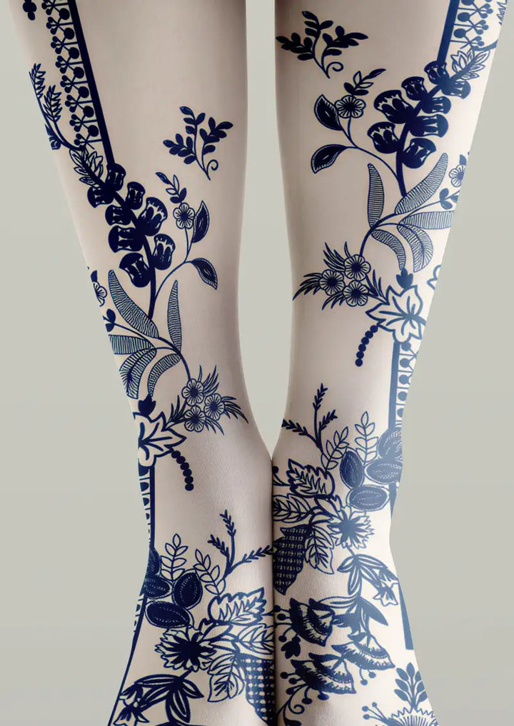 Women Blue White Floral Border Print Tights Hosiery Pantyhose