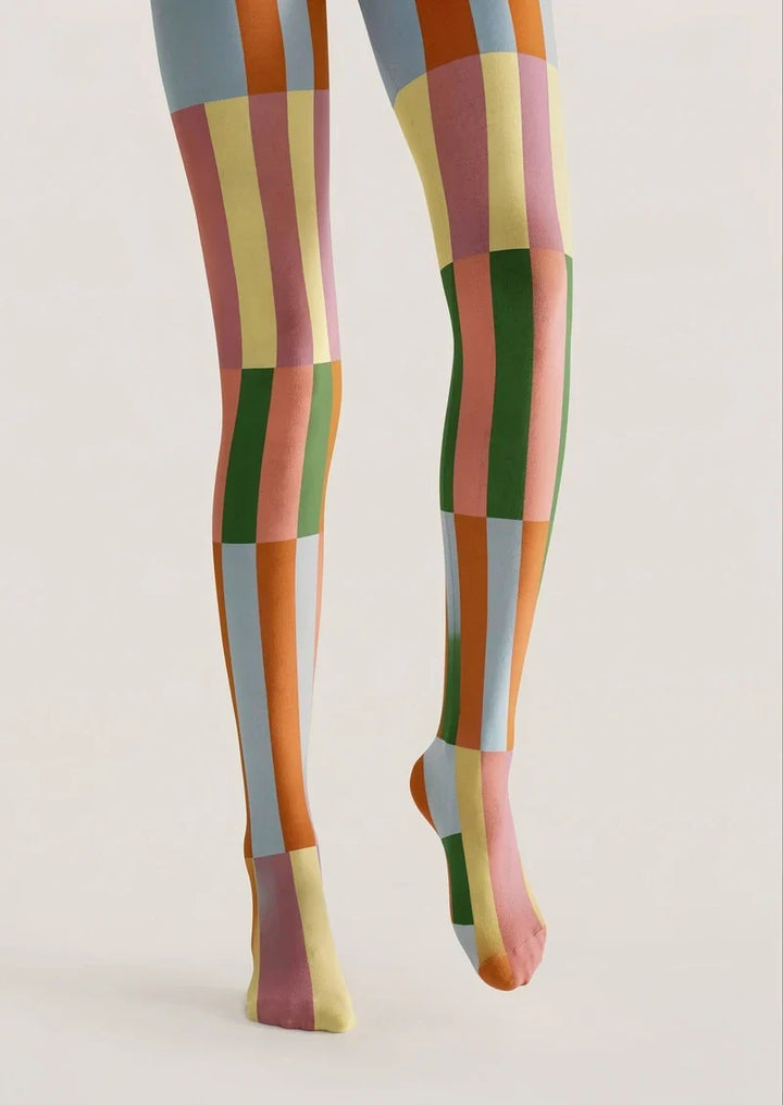 Retro Orange Green Shift Blocks Tights Hosiery Pantyhose