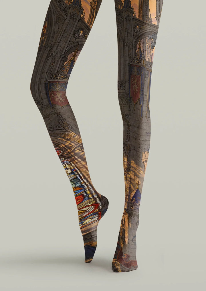 Women Gray Gothic Cathedral Print Tights and Hosiery Pantyhose