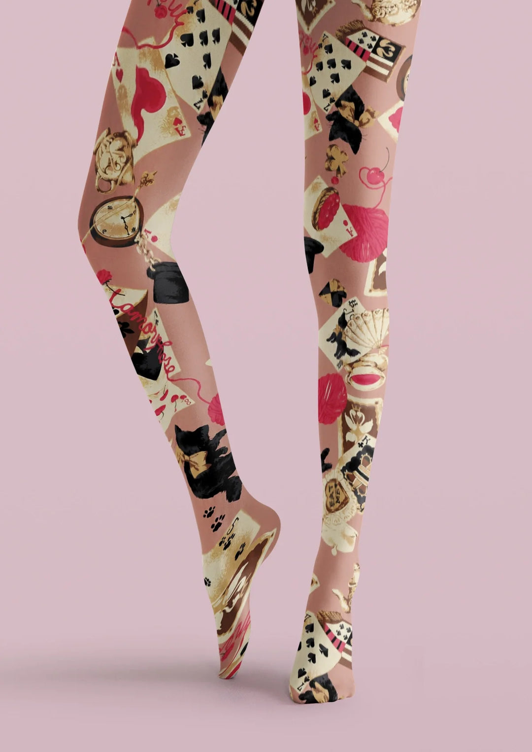 Women Pink Playing Card Collage Print Tights Hosiery Pantyhose
