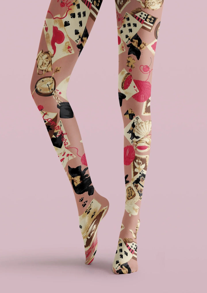 Women Pink Playing Card Collage Print Tights Hosiery Pantyhose
