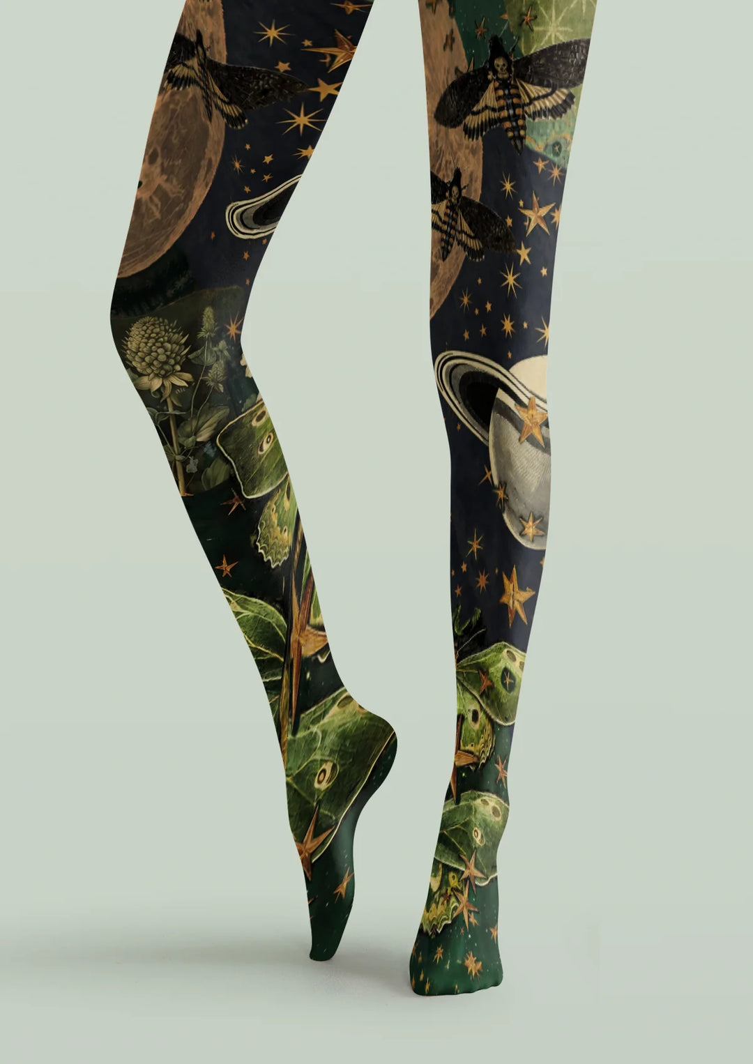 Women Black Celestial Moth Printed Tights Hosiery Pantyhose
