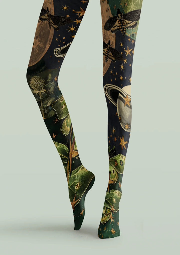 Women Black Celestial Moth Printed Tights Hosiery Pantyhose