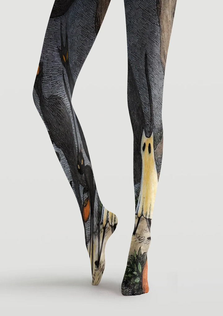 Women Midnight Ghost Cat Graphic Print Tights Hosiery Pantyhose