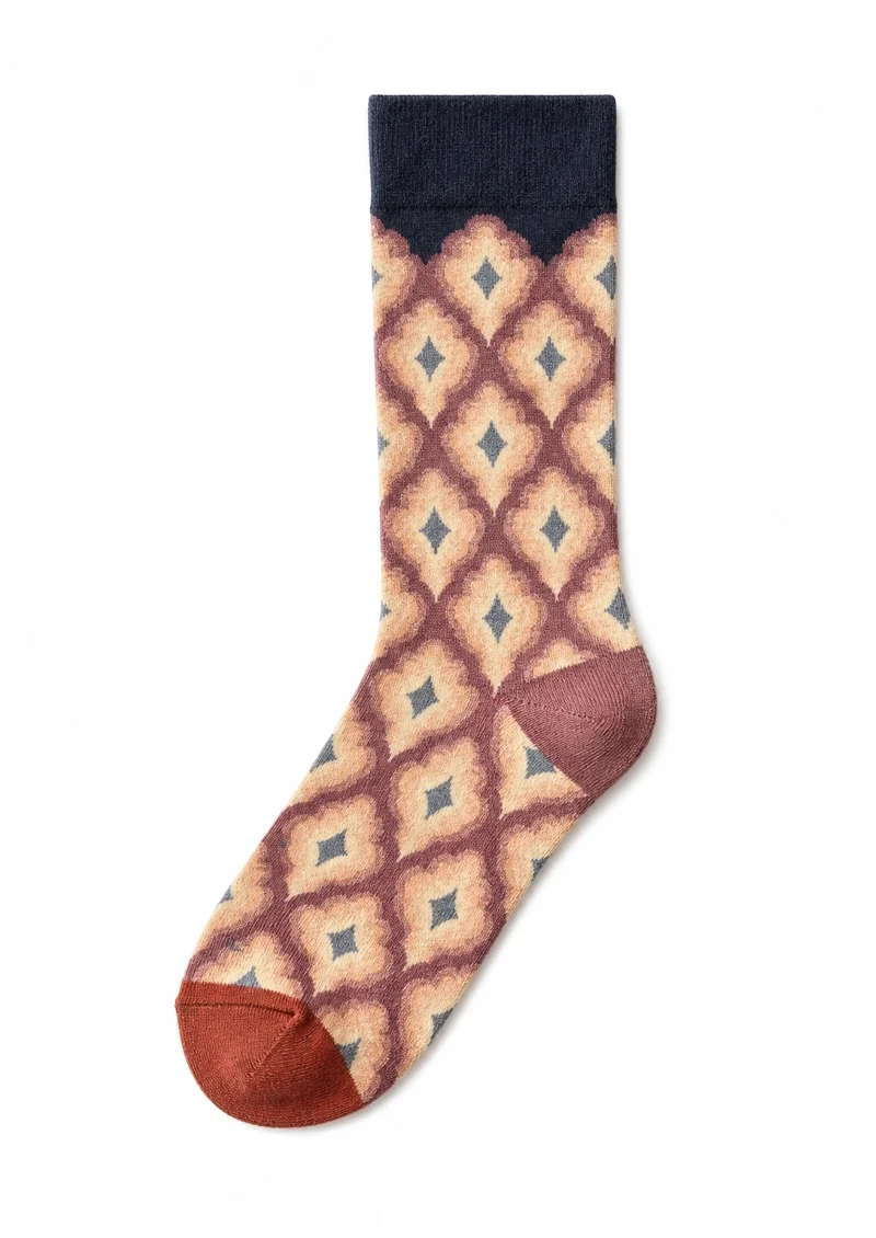 Women Navy Mauve Retro Diamond Pattern Knit Mid Calf Crew Socks