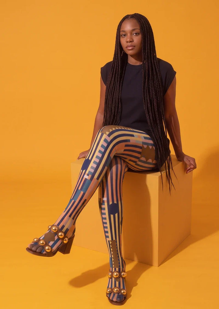 Women Vintage Orange Blue Mosaic Tights Hosiery Pantyhose