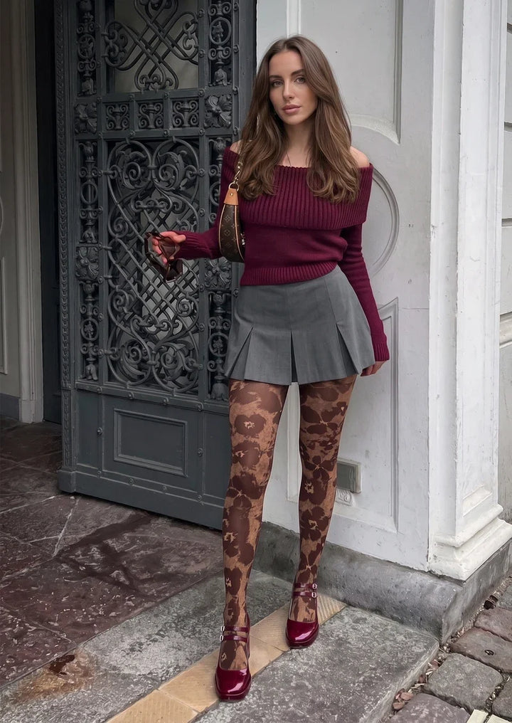 Vintage Burgundy Flora Tights Hosiery Pantyhose