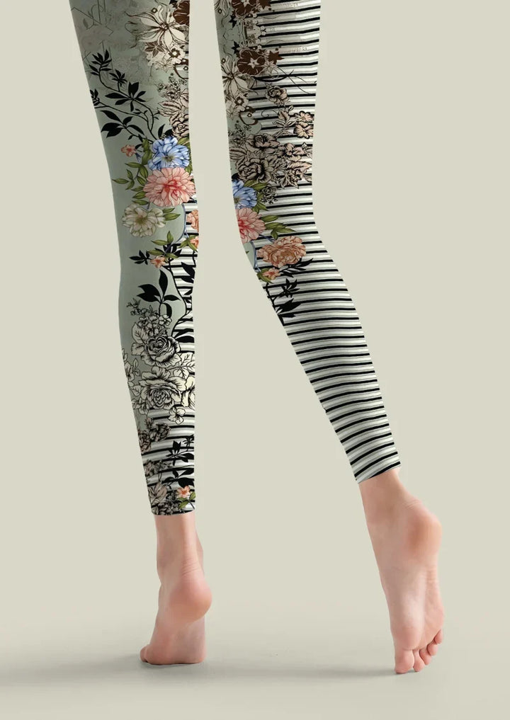 Floral Stripe Print Footless Tights Hosiery Pantyhose
